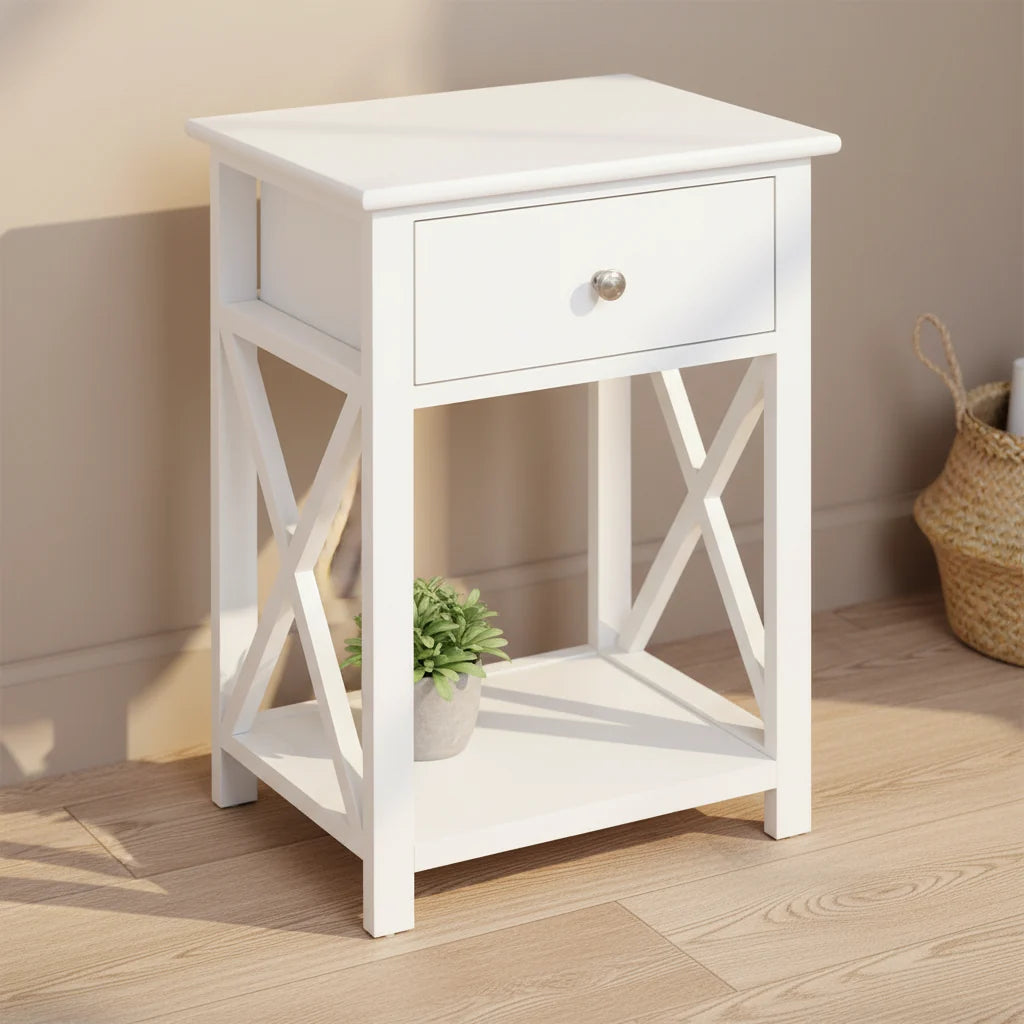 Side Table, Farmhouse End Table with Storage Drawer, Open Shelf and X-frame, Bedside Table for Living Room, White