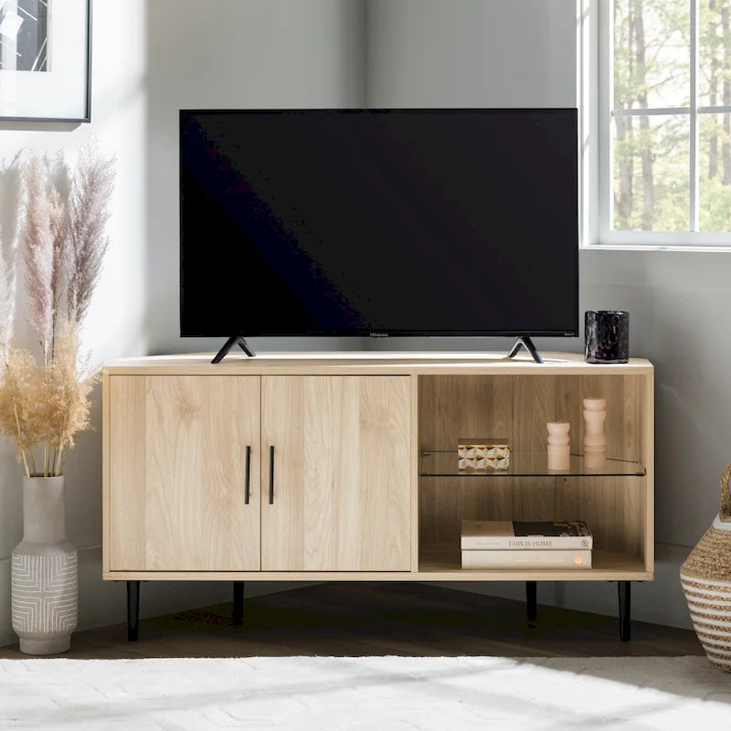 Meuble TV d'angle de 48 pouces avec portes d'armoire et étagère réglable en verre trempé