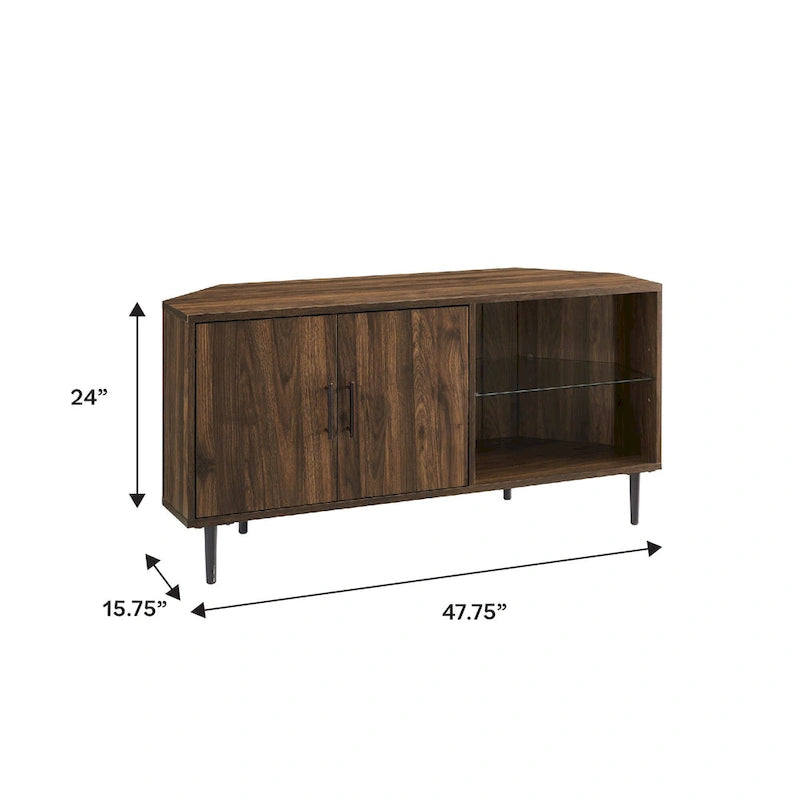 Meuble TV d'angle de 48 pouces avec portes d'armoire et étagère réglable en verre trempé