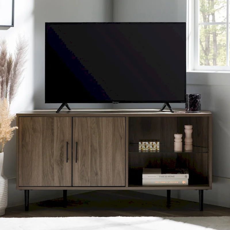 Meuble TV d'angle de 48 pouces avec portes d'armoire et étagère réglable en verre trempé