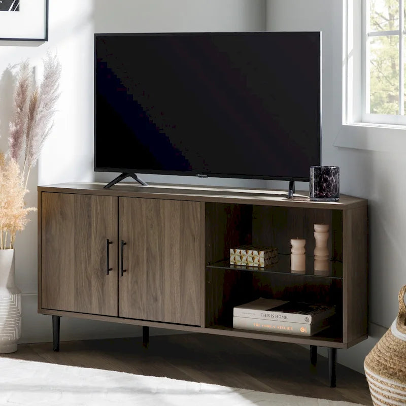 Meuble TV d'angle de 48 pouces avec portes d'armoire et étagère réglable en verre trempé