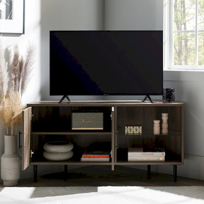 Meuble TV d'angle de 48 pouces avec portes d'armoire et étagère réglable en verre trempé