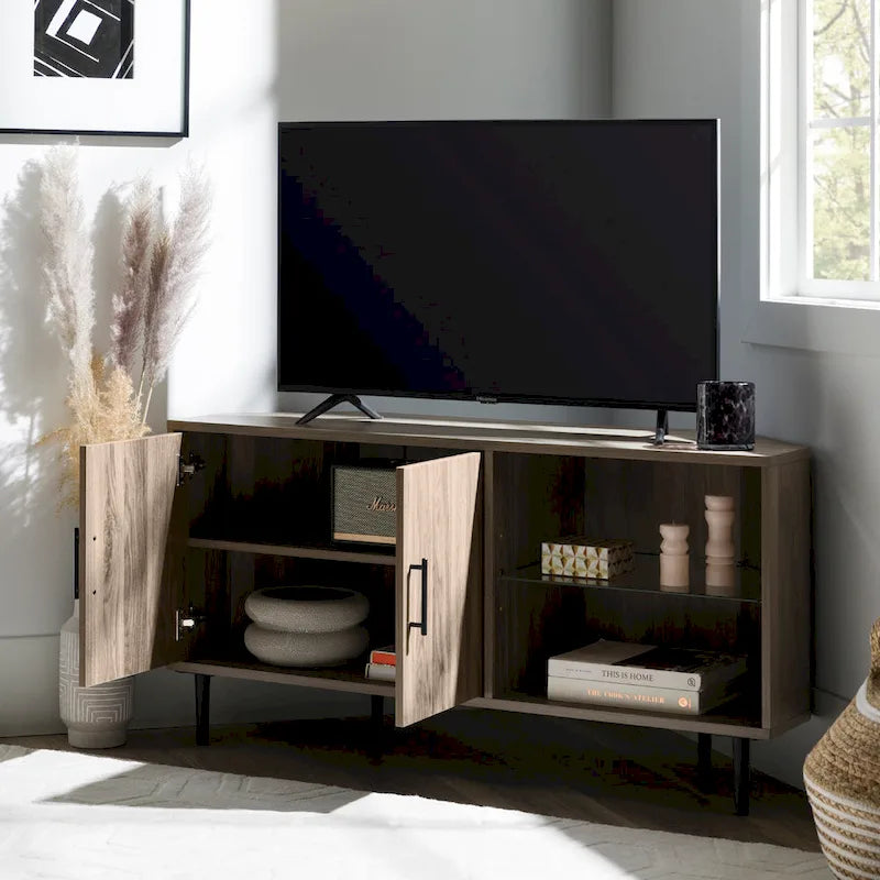 Meuble TV d'angle de 48 pouces avec portes d'armoire et étagère réglable en verre trempé