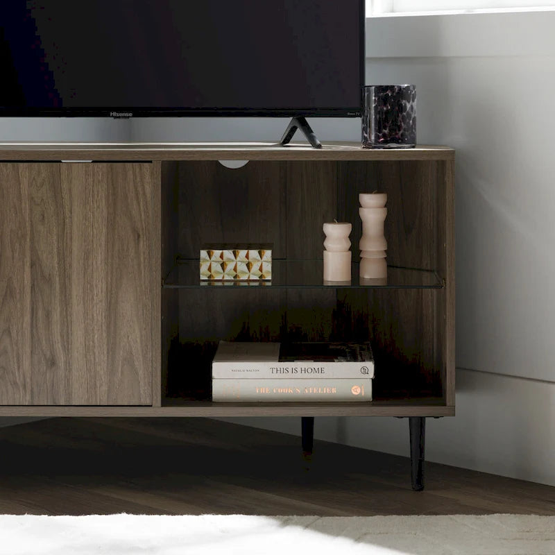 Meuble TV d'angle de 48 pouces avec portes d'armoire et étagère réglable en verre trempé