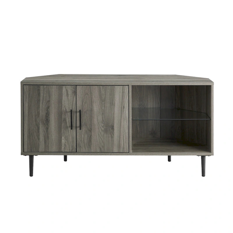 Meuble TV d'angle de 48 pouces avec portes d'armoire et étagère réglable en verre trempé
