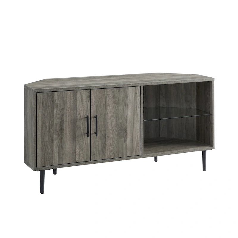 Meuble TV d'angle de 48 pouces avec portes d'armoire et étagère réglable en verre trempé