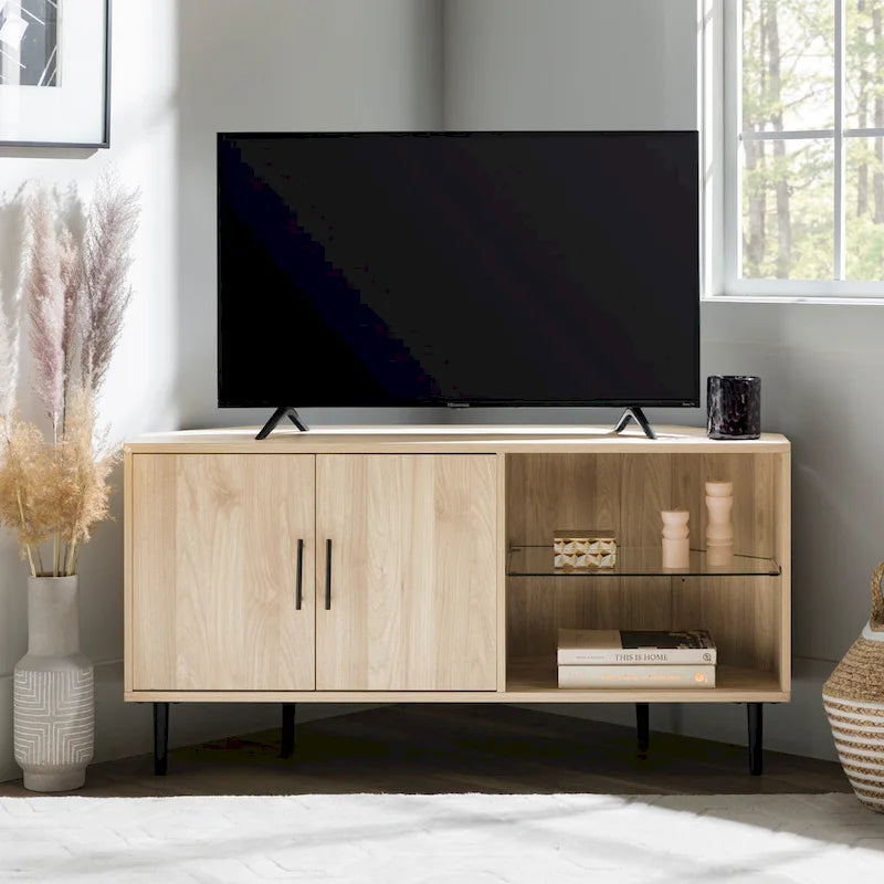 Meuble TV d'angle de 48 pouces avec portes d'armoire et étagère réglable en verre trempé