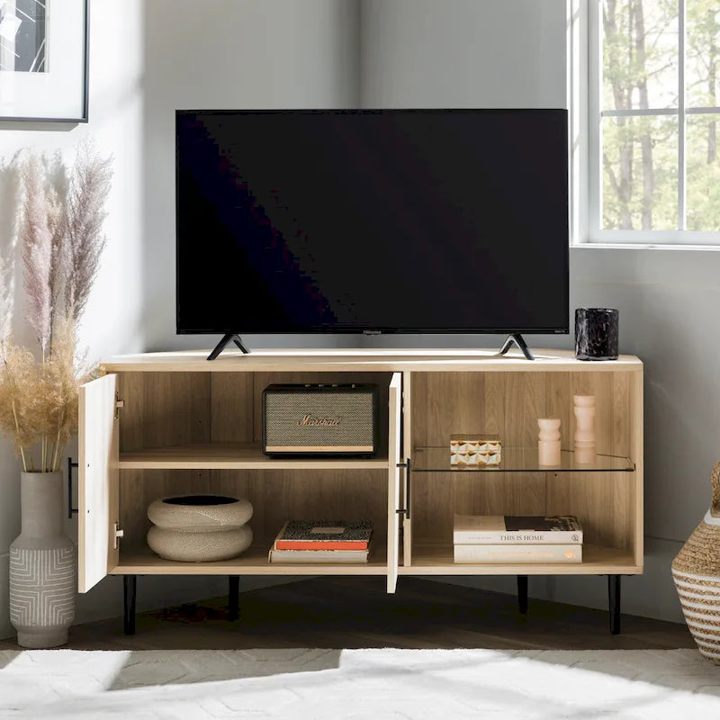 Meuble TV d'angle de 48 pouces avec portes d'armoire et étagère réglable en verre trempé