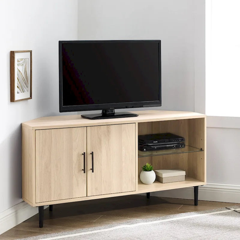 Meuble TV d'angle de 48 pouces avec portes d'armoire et étagère réglable en verre trempé