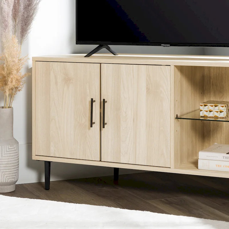 Meuble TV d'angle de 48 pouces avec portes d'armoire et étagère réglable en verre trempé
