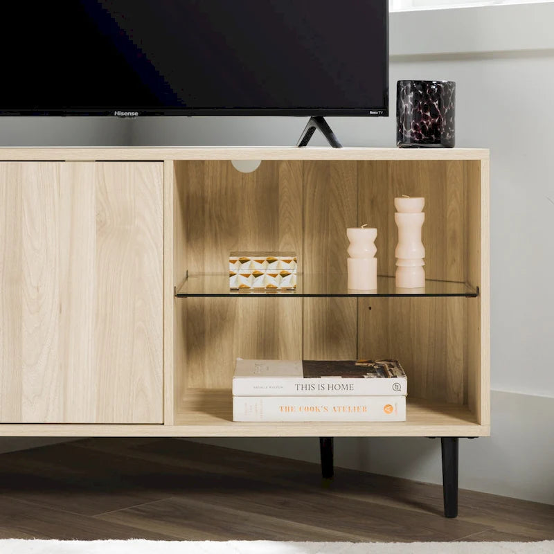 Meuble TV d'angle de 48 pouces avec portes d'armoire et étagère réglable en verre trempé