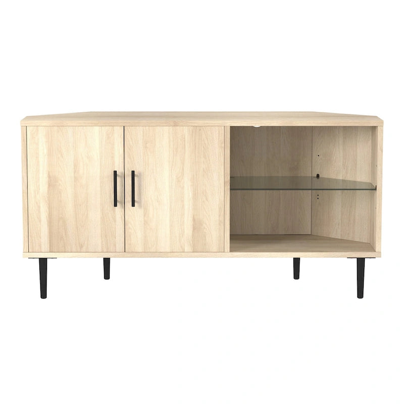 Meuble TV d'angle de 48 pouces avec portes d'armoire et étagère réglable en verre trempé