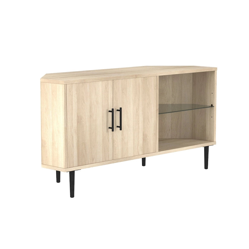 Meuble TV d'angle de 48 pouces avec portes d'armoire et étagère réglable en verre trempé