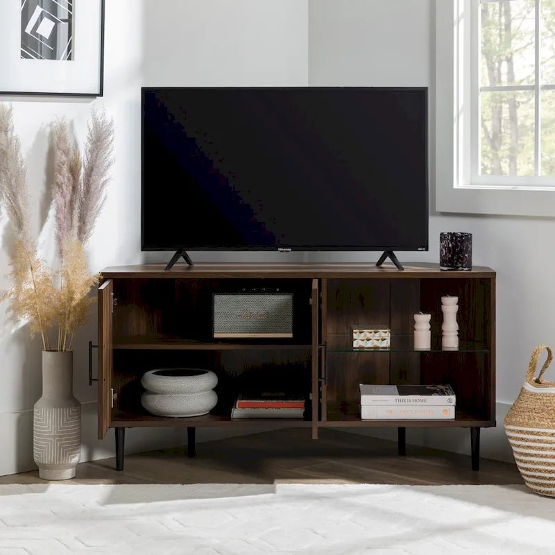 Meuble TV d'angle de 48 pouces avec portes d'armoire et étagère réglable en verre trempé