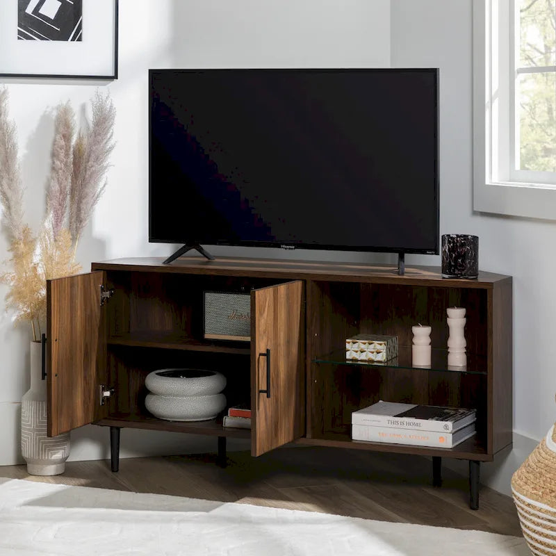 Meuble TV d'angle de 48 pouces avec portes d'armoire et étagère réglable en verre trempé
