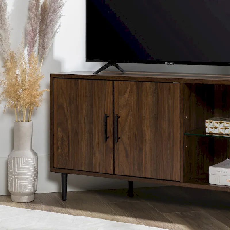 Meuble TV d'angle de 48 pouces avec portes d'armoire et étagère réglable en verre trempé