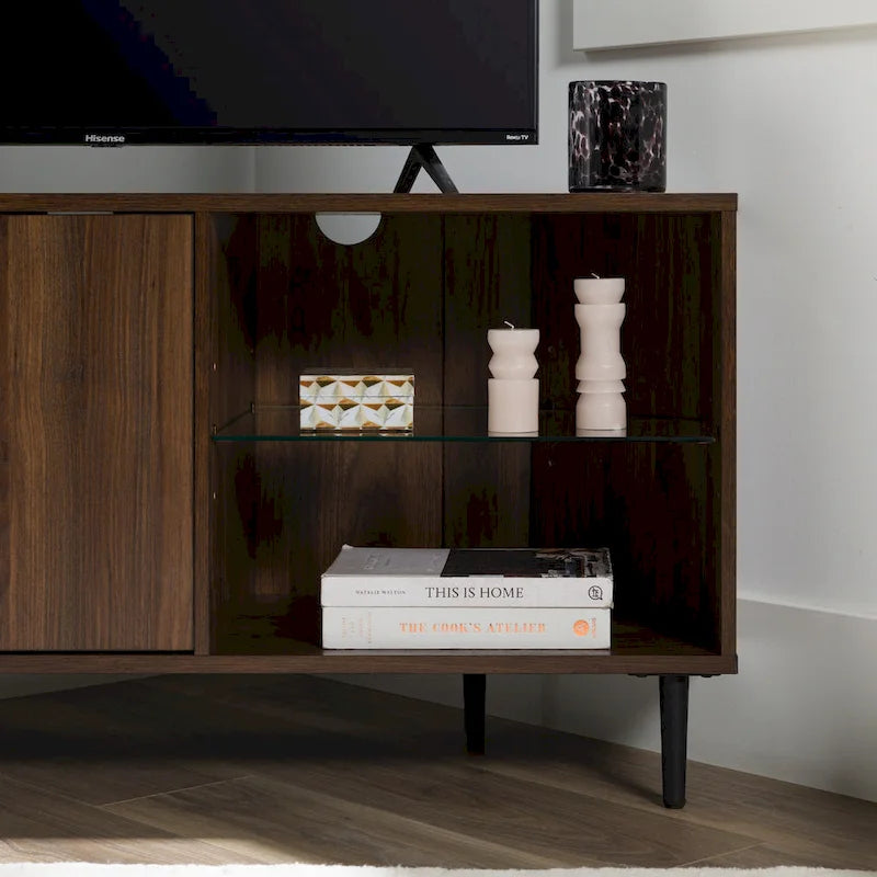 Meuble TV d'angle de 48 pouces avec portes d'armoire et étagère réglable en verre trempé