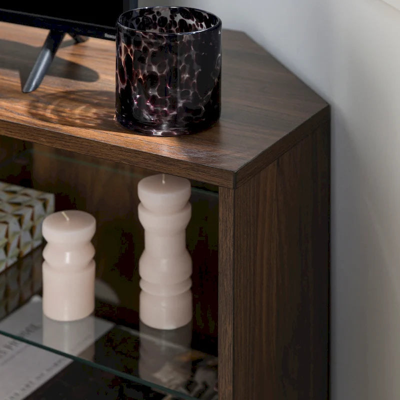 Meuble TV d'angle de 48 pouces avec portes d'armoire et étagère réglable en verre trempé