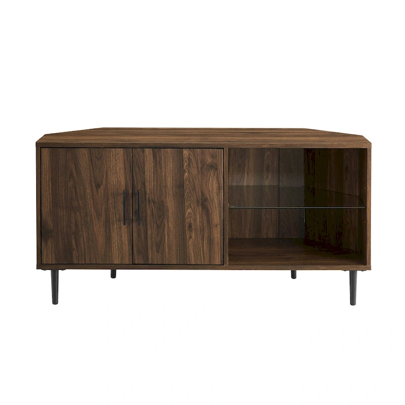 Meuble TV d'angle de 48 pouces avec portes d'armoire et étagère réglable en verre trempé