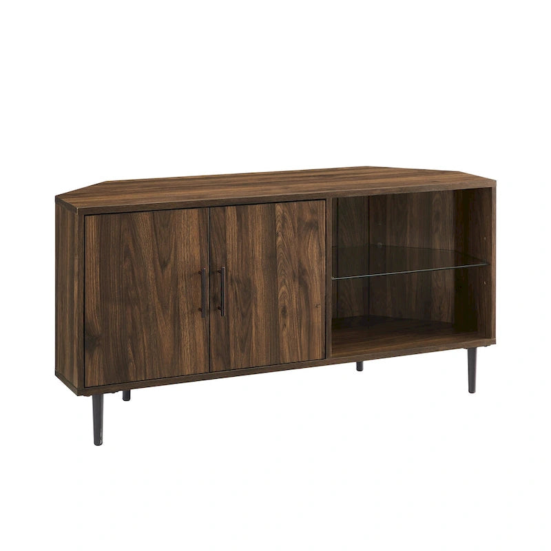Meuble TV d'angle de 48 pouces avec portes d'armoire et étagère réglable en verre trempé
