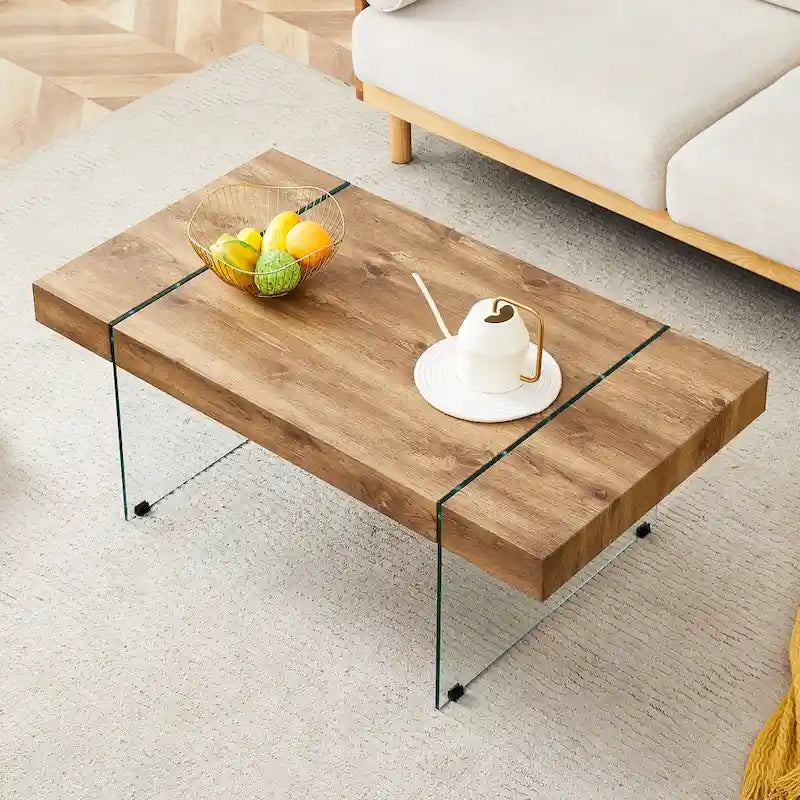 Rectangular Coffee Table with Tempered Glass Legs Wood Side Tables Wood Center Tables for Living Room Reception Room