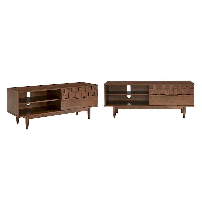 Meuble TV en bois style Mid-Century Modern de 150 cm avec 2 tiroirs de rangement – Console de divertissement pour téléviseurs jusqu'à 65 pouces, Noyer Brun
