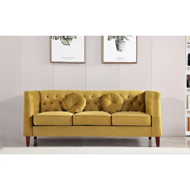Canapé Chesterfield classique en velours avec dossier capitonné et coussins en mousse haute densité