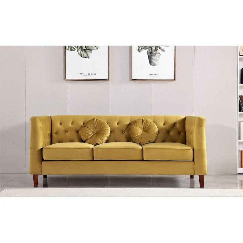 Canapé Chesterfield classique en velours avec dossier capitonné et coussins en mousse haute densité