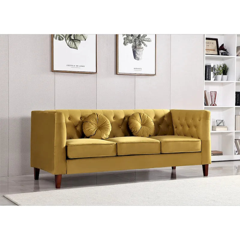 Canapé Chesterfield classique en velours avec dossier capitonné et coussins en mousse haute densité