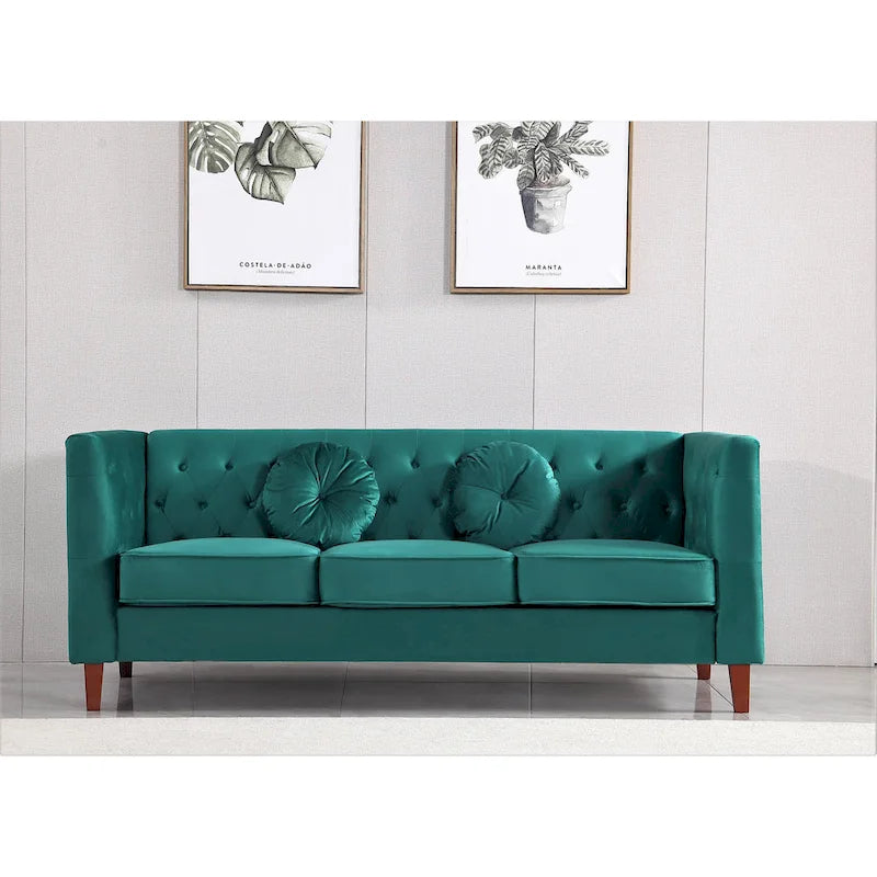 Canapé Chesterfield classique en velours avec dossier capitonné et coussins en mousse haute densité