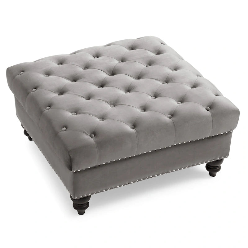 Grand pouf ottoman touffeté en velours – Repose-pieds moelleux et table basse pour salon