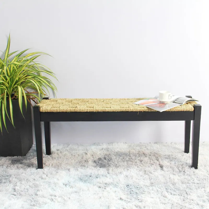 Banc d'intérieur tissé en jonc de mer naturel de 117 cm avec pieds en bois massif – Style ferme côtière