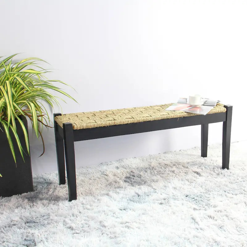 Banc d'intérieur tissé en jonc de mer naturel de 117 cm avec pieds en bois massif – Style ferme côtière