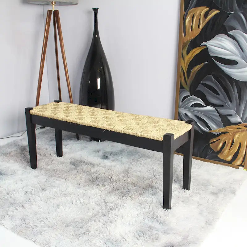 Banc d'intérieur tissé en jonc de mer naturel de 117 cm avec pieds en bois massif – Style ferme côtière