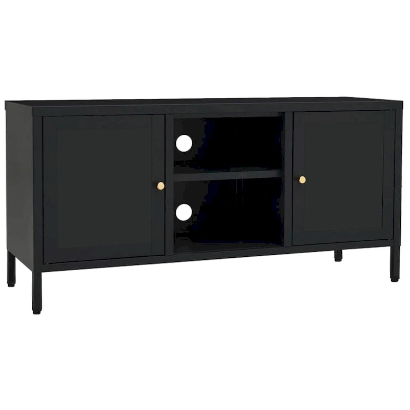 Meuble TV Cadre en acier noir Portes en verre trempé Étagère réglable 105 x 35 x 52 cm