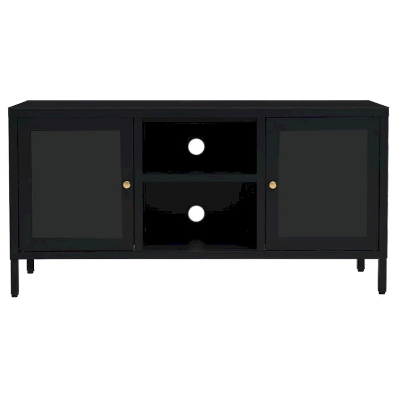 Meuble TV Cadre en acier noir Portes en verre trempé Étagère réglable 105 x 35 x 52 cm