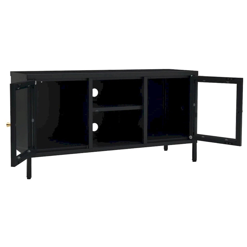 Meuble TV Cadre en acier noir Portes en verre trempé Étagère réglable 105 x 35 x 52 cm