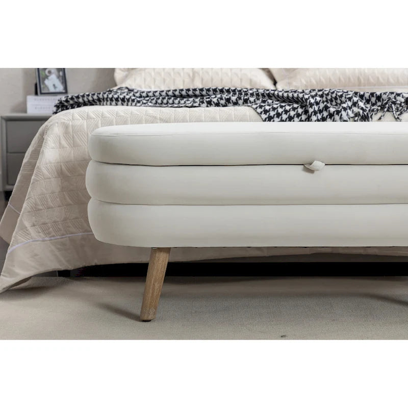 Banc de rangement capitonné avec pieds en bois massif – Banquette de chambre bout de lit capitonnée avec compartiment de rangement dissimulé