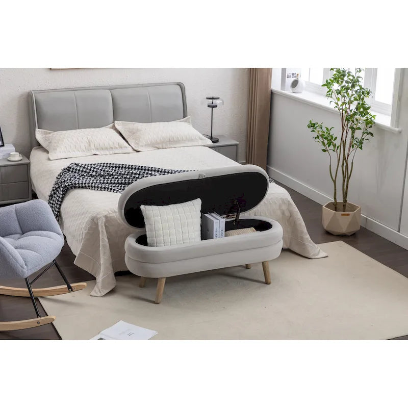 Banc de rangement capitonné avec pieds en bois massif – Banquette de chambre bout de lit capitonnée avec compartiment de rangement dissimulé
