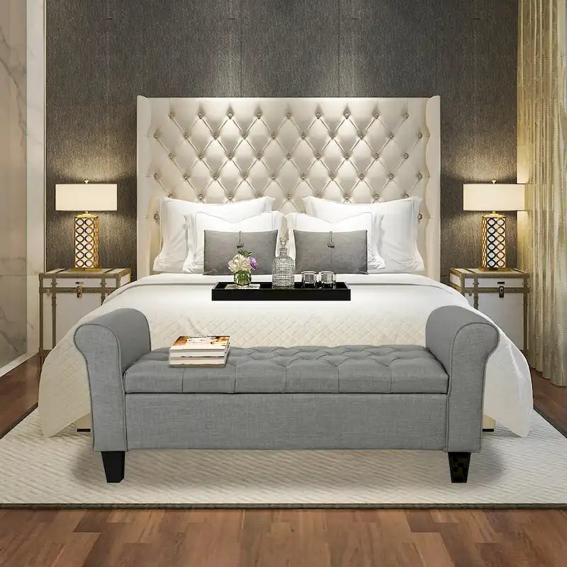 Banc de rangement capitonné en tissu avec couvercle rabattable – Siège d'entrée rembourré avec rangement caché, pouf pour chambre et salon
