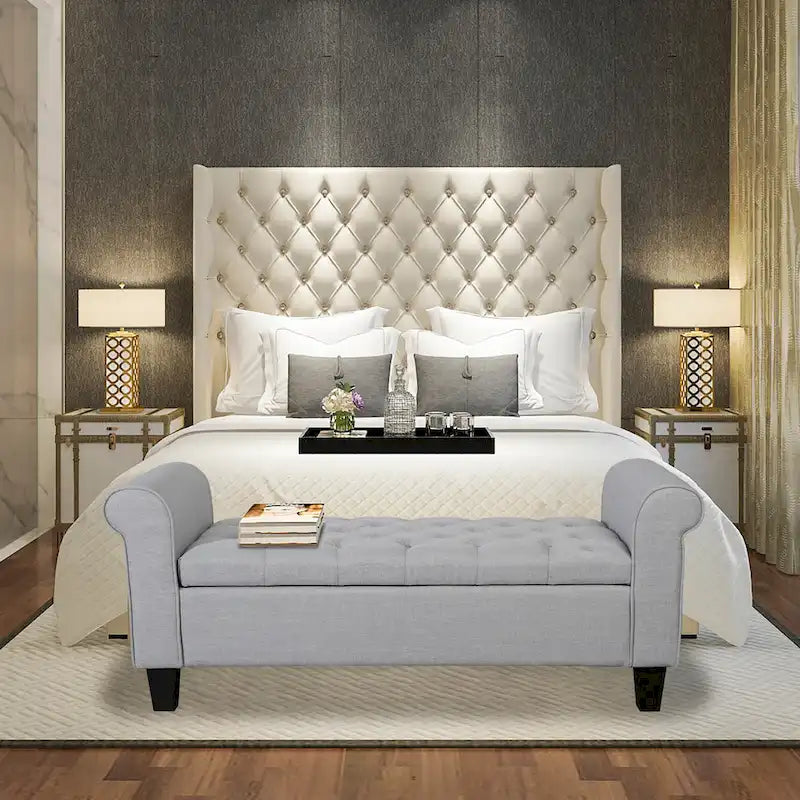 Banc de rangement capitonné en tissu avec couvercle rabattable – Siège d'entrée rembourré avec rangement caché, pouf pour chambre et salon