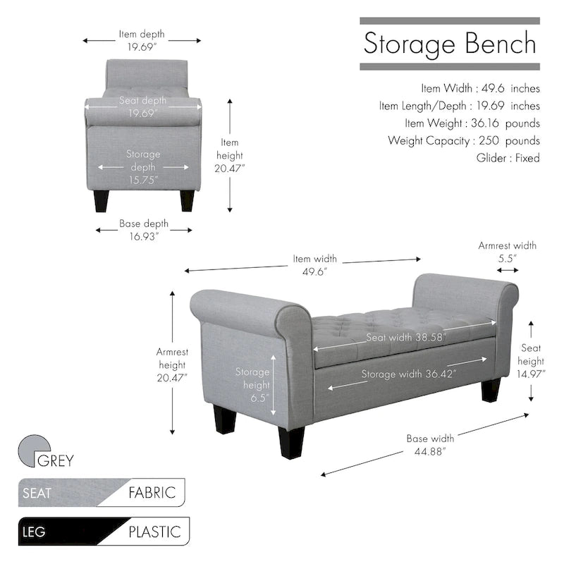 Banc de rangement capitonné en tissu avec couvercle rabattable – Siège d'entrée rembourré avec rangement caché, pouf pour chambre et salon