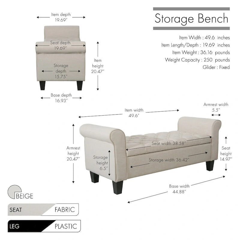 Banc de rangement capitonné en tissu avec couvercle rabattable – Siège d'entrée rembourré avec rangement caché, pouf pour chambre et salon