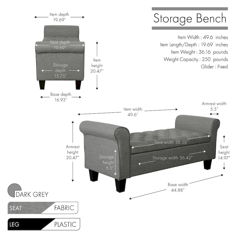 Banc de rangement capitonné en tissu avec couvercle rabattable – Siège d'entrée rembourré avec rangement caché, pouf pour chambre et salon