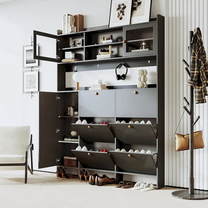 Shoe Cabinet with Storage Shelf & 6 Flip Drawers,Large Hall Tree with Tempered Glass Doors, Elegant Foyer Cabinet with 4 Hooks