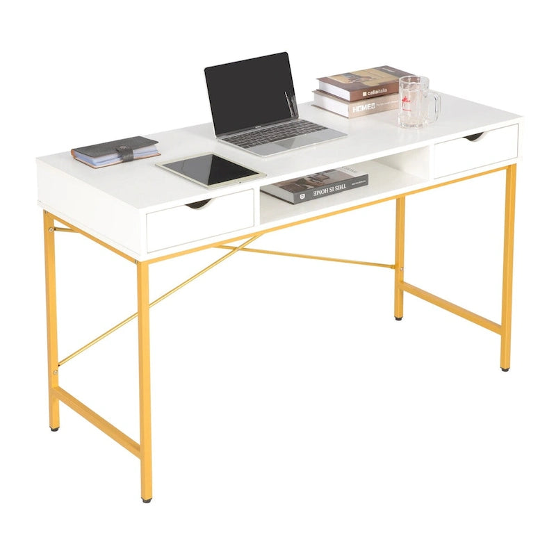 Bureau de 48 po avec tiroirs, grande station de travail contemporaine avec rangement pour ordinateur portable et de bureau