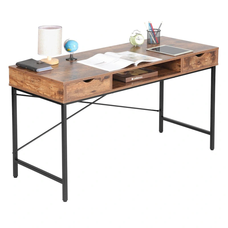 Bureau de 48 po avec tiroirs, grande station de travail contemporaine avec rangement pour ordinateur portable et de bureau