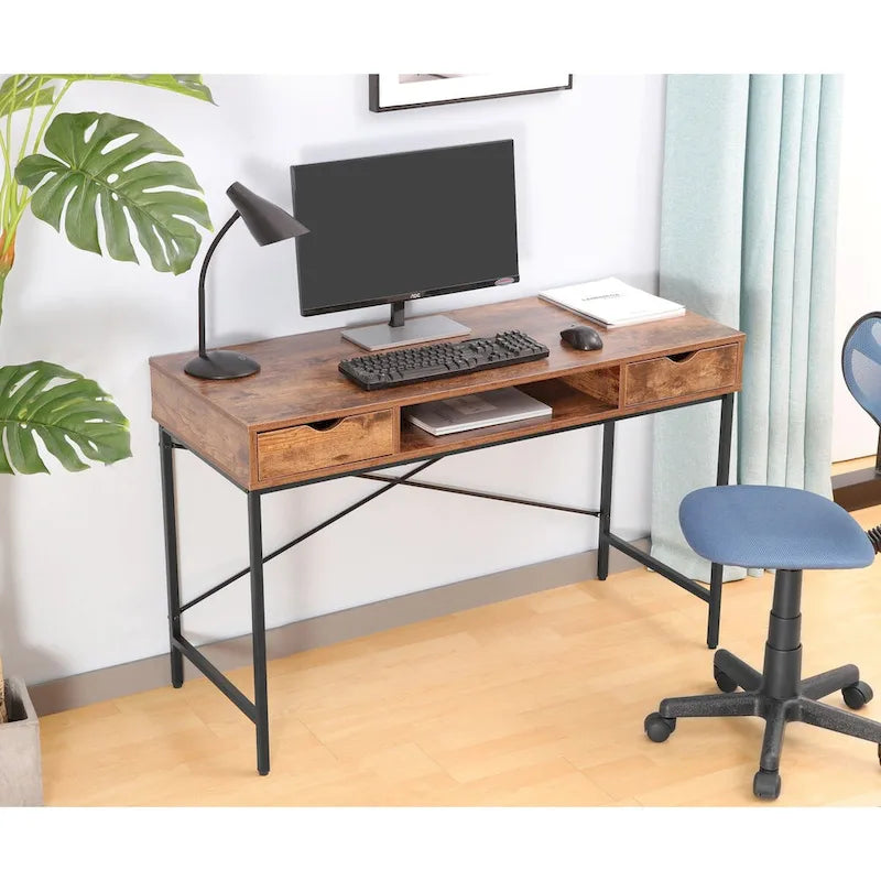 Bureau de 48 po avec tiroirs, grande station de travail contemporaine avec rangement pour ordinateur portable et de bureau