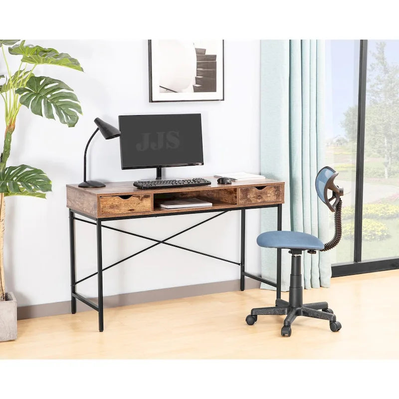 Bureau de 48 po avec tiroirs, grande station de travail contemporaine avec rangement pour ordinateur portable et de bureau