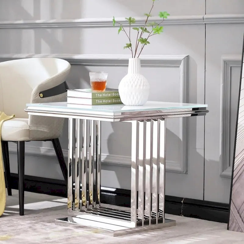 Luxurious Silver and Glass End Table with 24 inch Square Top and Stainless Steel Base